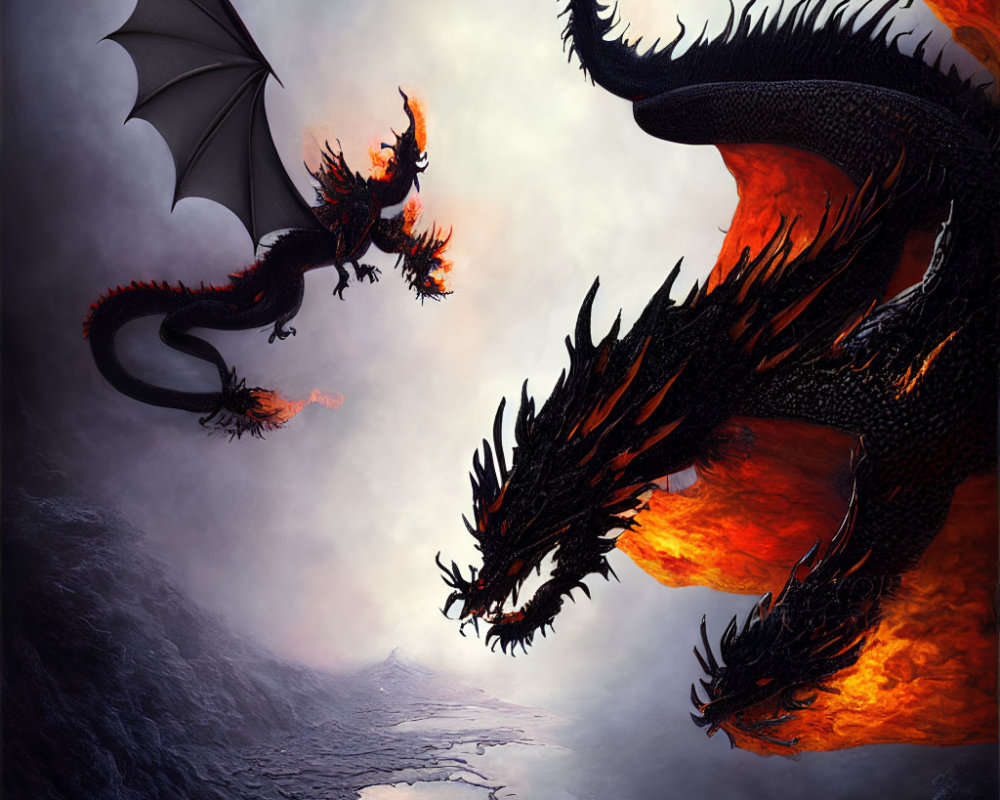 Multi-headed dragon with fiery orange and black scales in apocalyptic sky.