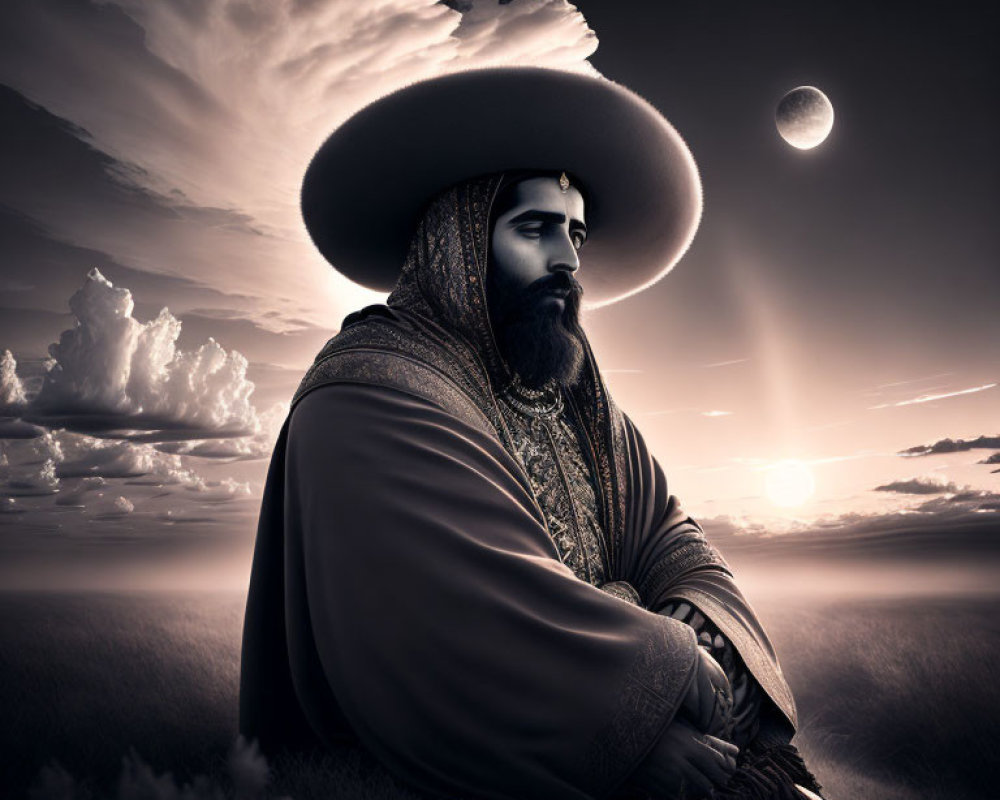 Monochromatic portrait of bearded man in traditional attire against dramatic sky