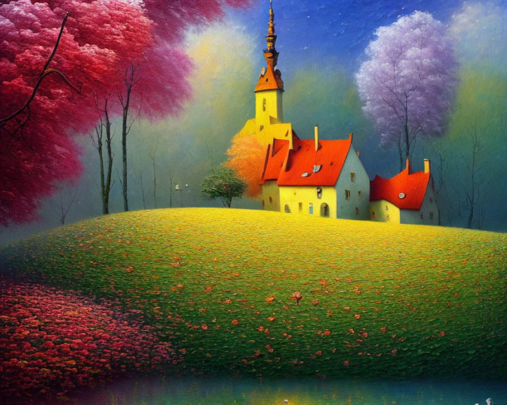 Vibrant Castle on Colorful Whimsical Landscape