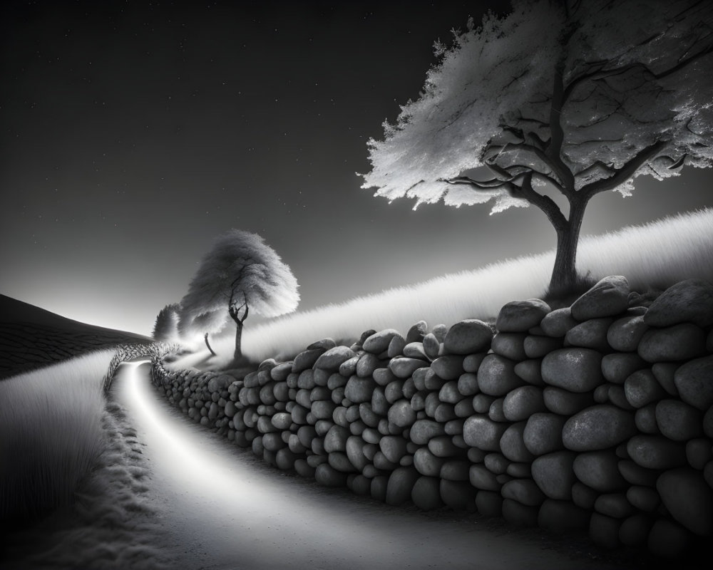 Monochrome landscape with winding path, stone wall, trees, tall grass, starry night sky