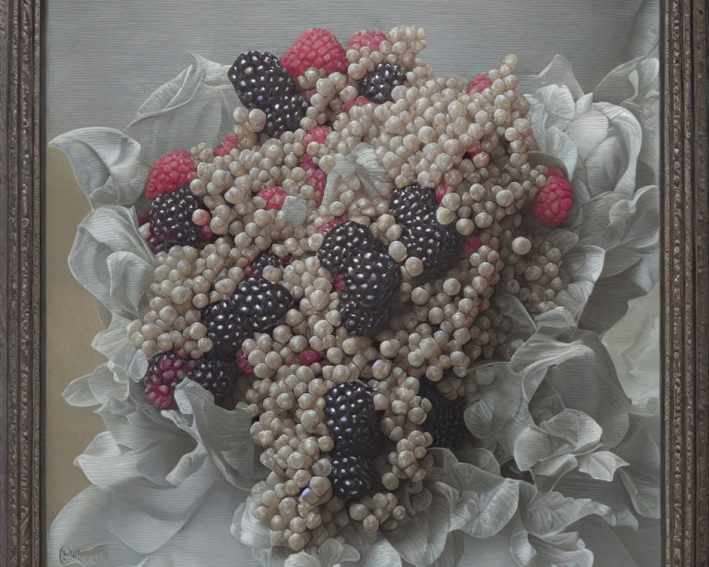 Realistic Painting of Berries on Leaves in Textured Frame