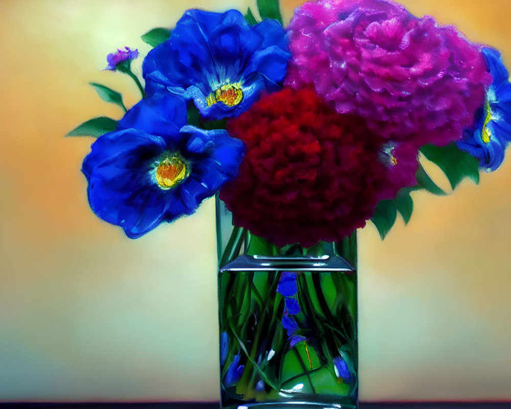 Colorful Blue and Pink Flowers in Clear Vase with Stem Reflection on Orange Background