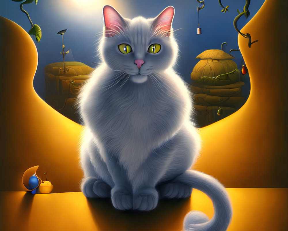 Whimsical digital artwork: White cat under moonlit sky with yellow eyes