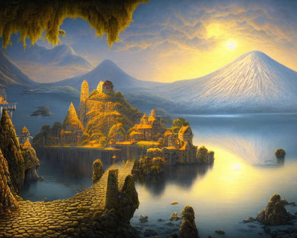 Fantasy landscape with bay, bridge, village, castle ruins, and volcanoes at sunrise or sunset