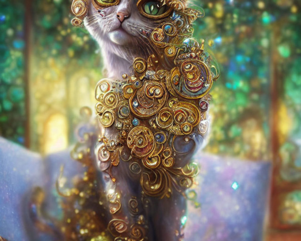 Digital artwork: Whimsical cat with golden spirals in enchanted forest