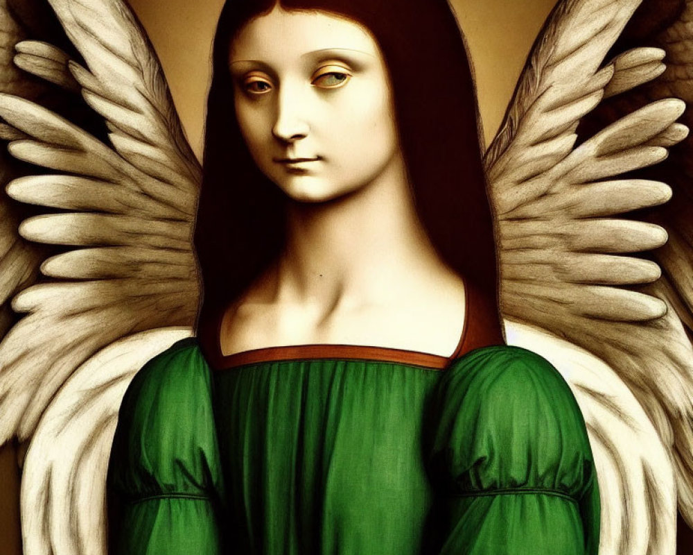 Angel with Brown Hair, White Wings, Green Dress, and Red Collar