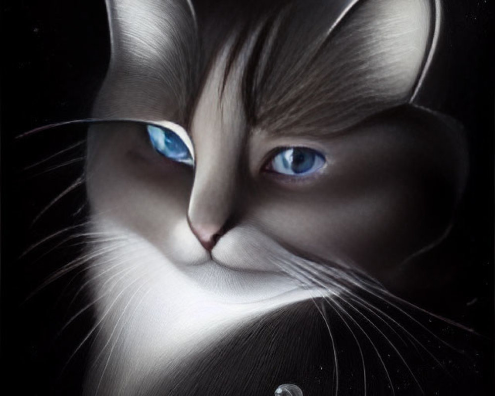 Detailed Photorealistic Drawing of Two-Toned Cat with Striking Blue Eyes