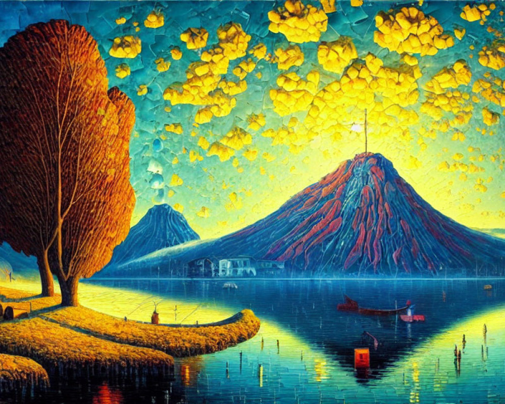 Vivid painting of volcanic landscape with autumn trees, tranquil lake, boats, and distant village