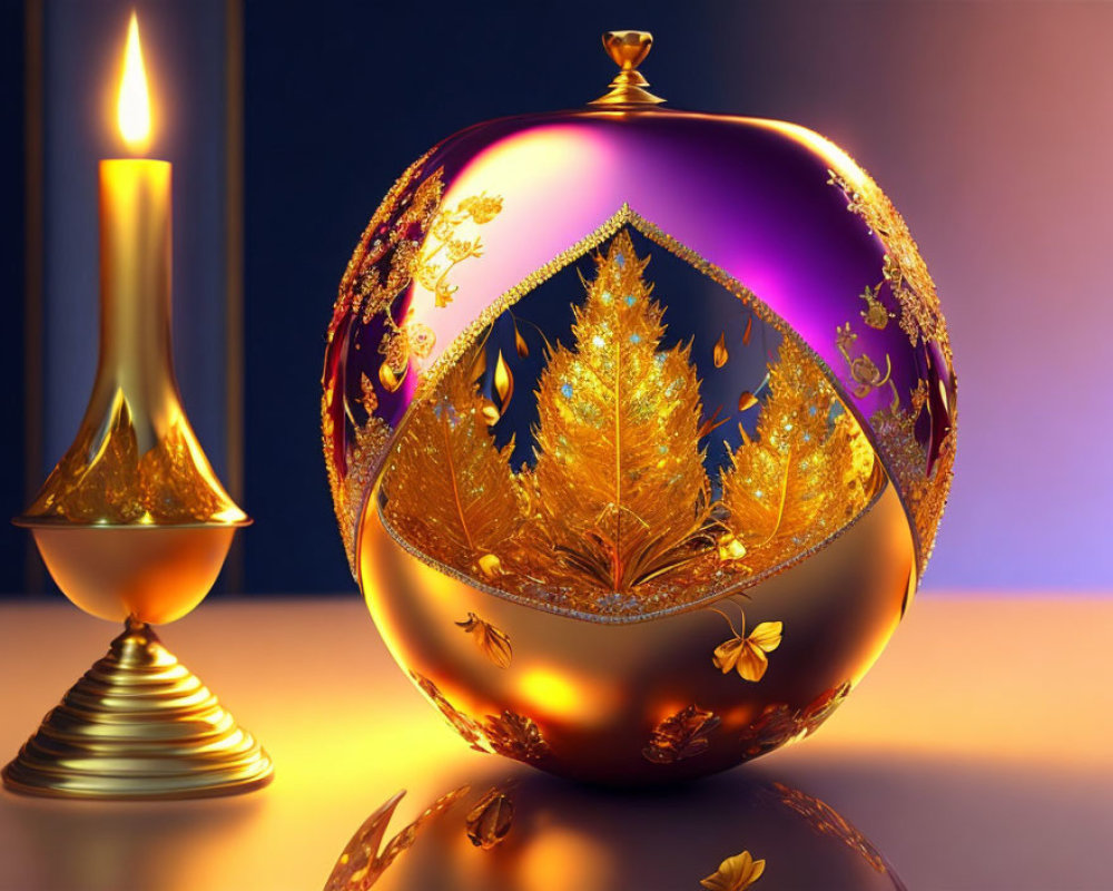 Intricate golden sphere with tree design, candle, on purple background