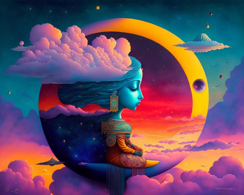 Colorful surreal artwork: Woman's profile merges with cosmic nature on sunset sky