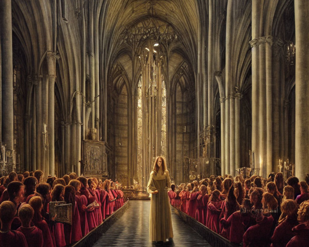 Woman in white in grand cathedral with people in red garments