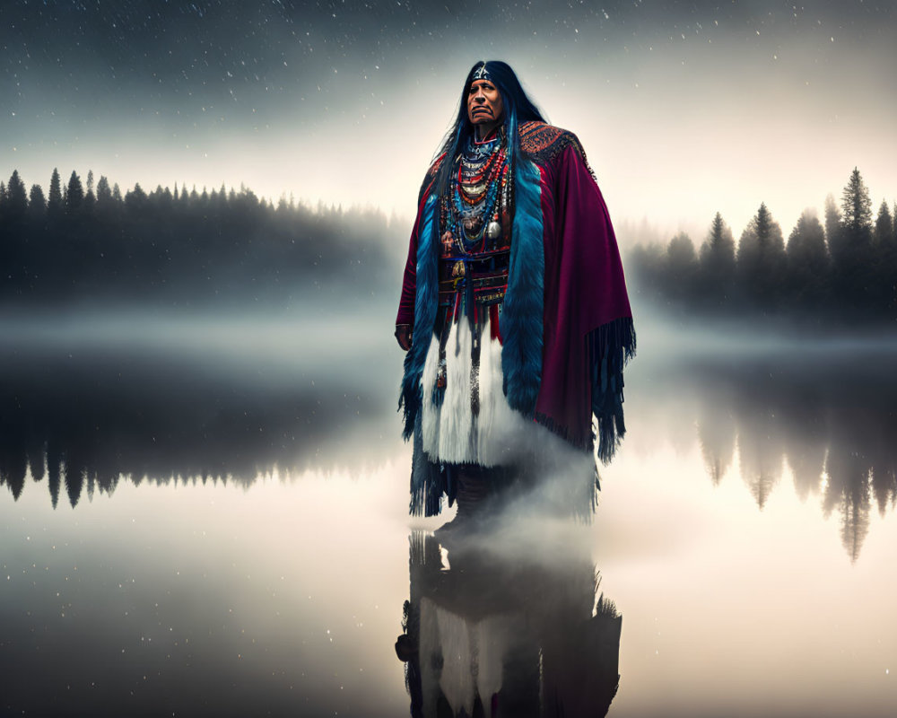 Elaborate Native Attire Figure by Serene Lake at Night