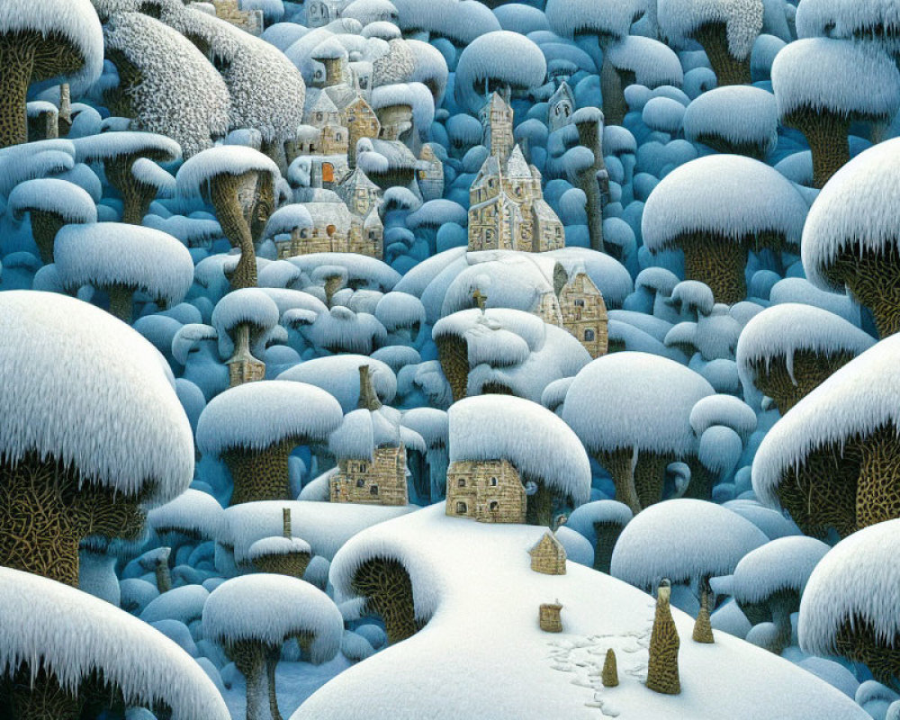 Snow-covered trees and structures in surreal winter landscape