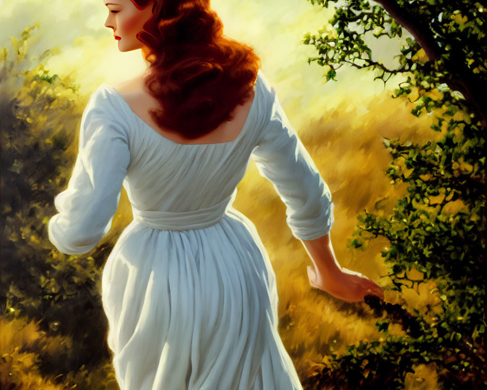 Auburn-Haired Woman in Vintage White Dress Walking in Sunlit Grove