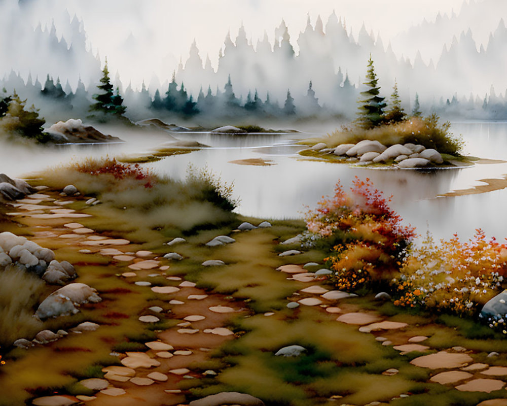 Tranquil Lake Landscape with Winding Path and Foggy Trees