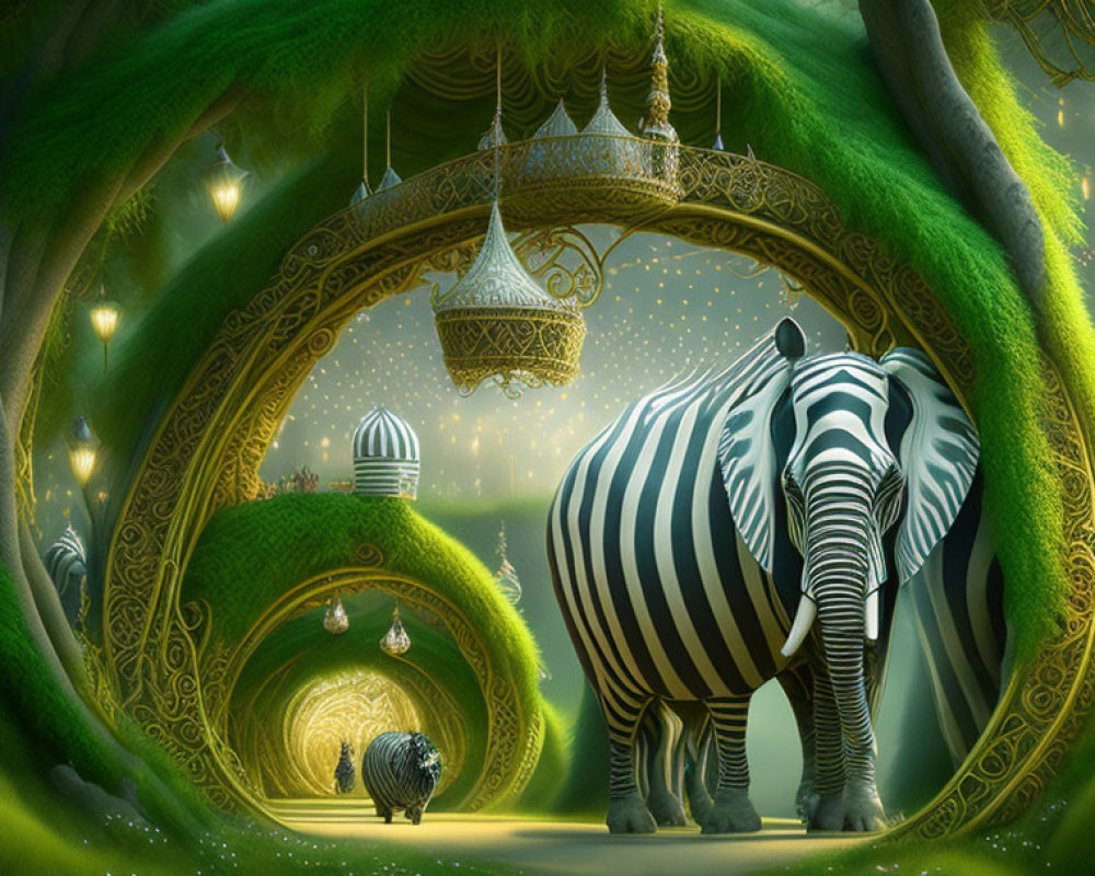 Enchanted forest with glowing lanterns and zebra-striped elephant