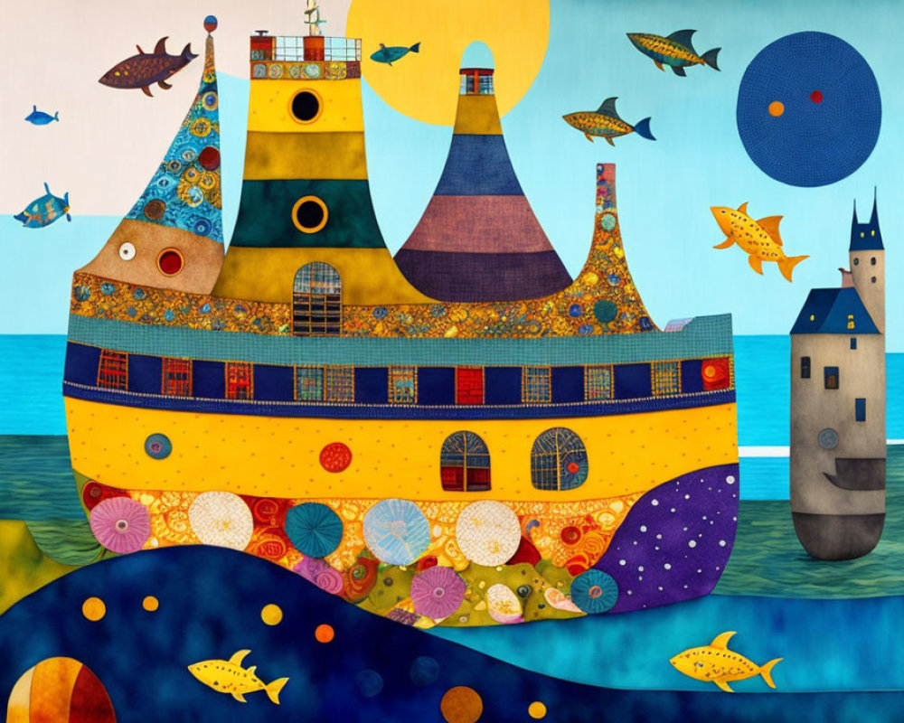 Colorful whimsical illustration of patterned yellow submarine, lighthouse, fish, and sea tower under