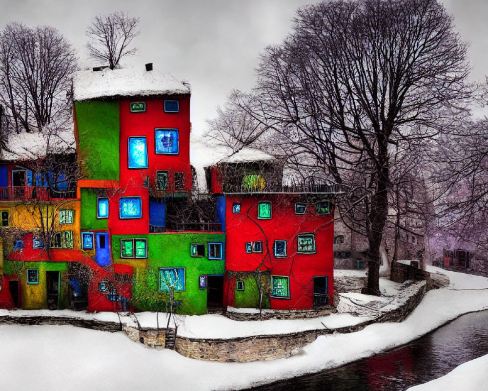 Colorful houses against snowy landscape with river