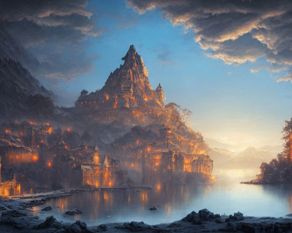 Fantasy mountain city at dusk by misty lake