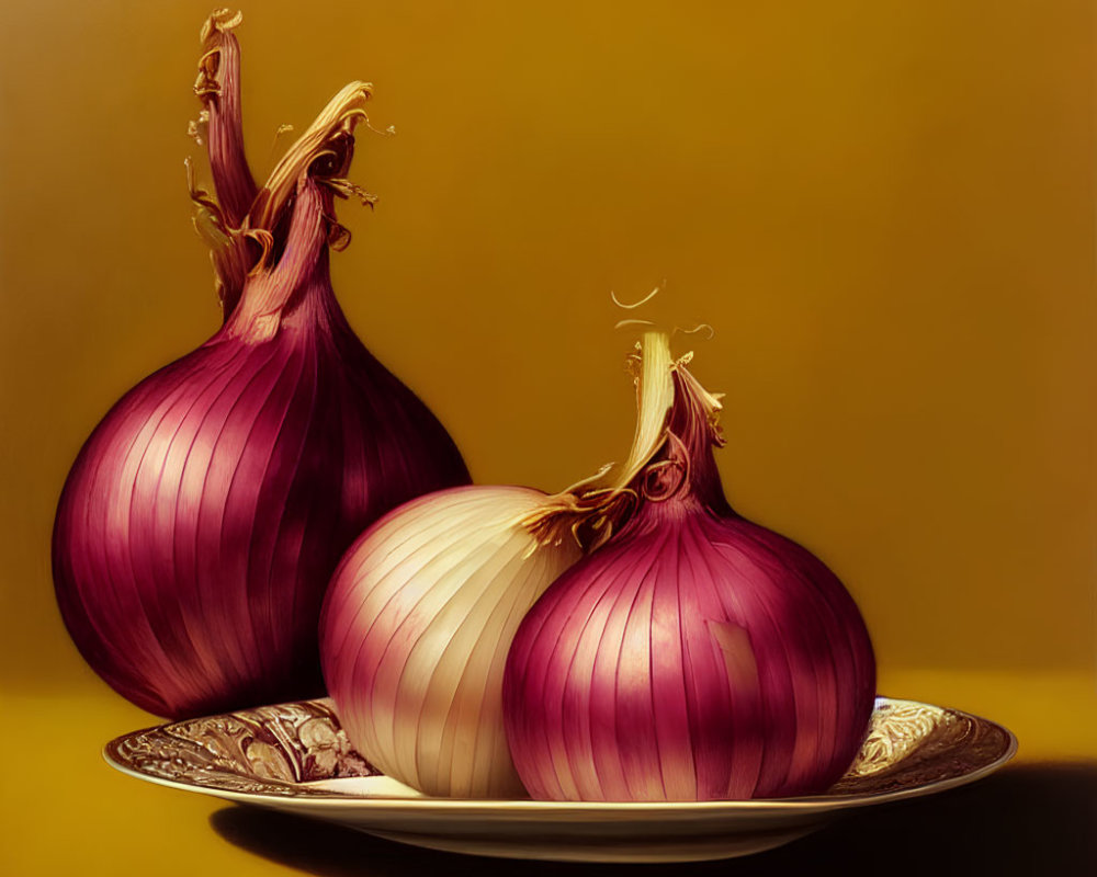 Realistic red and white onions on decorative plate against golden background