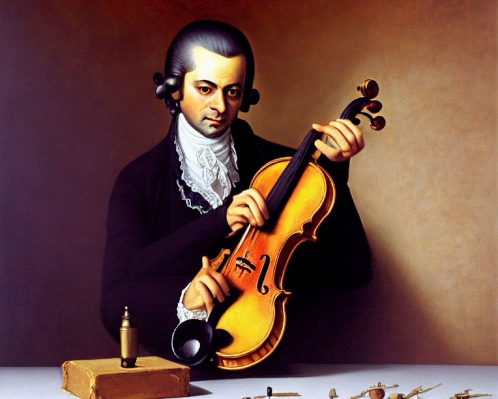 Man in 18th-Century Attire Holding Violin with Quirky Modern Twist