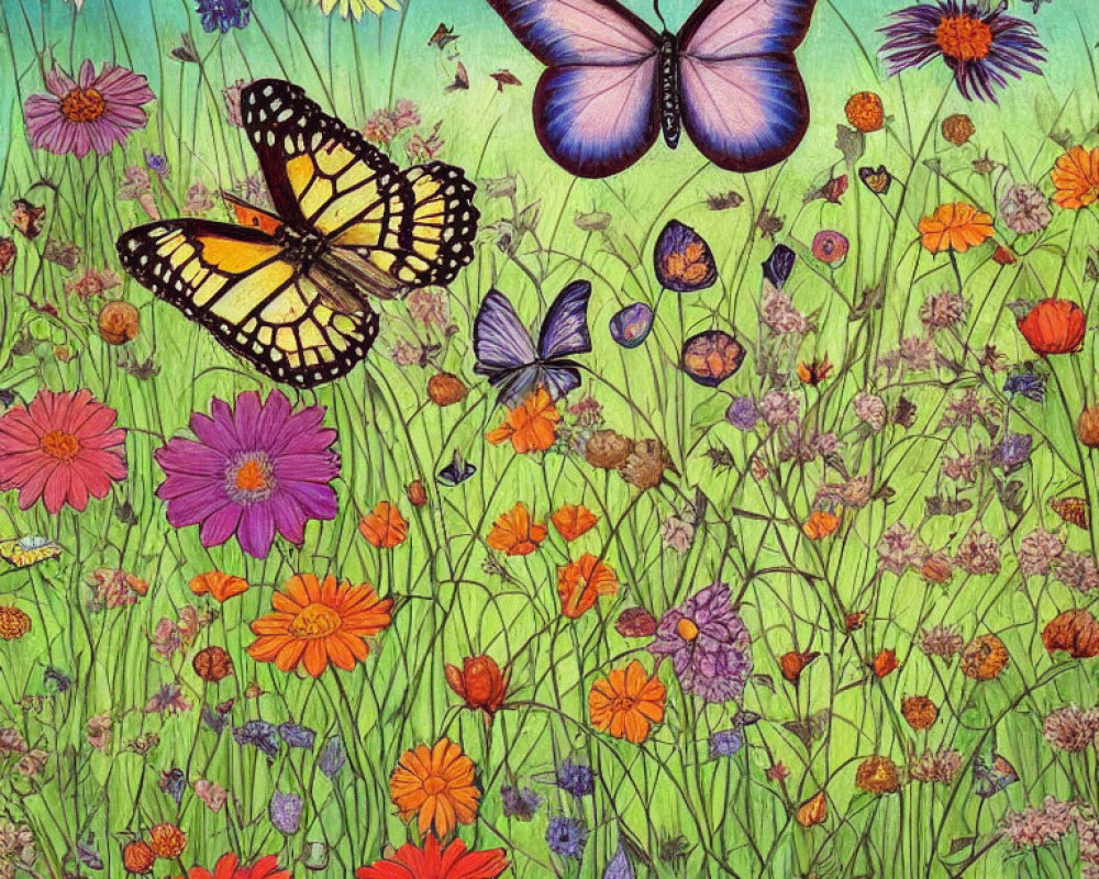 Colorful wildflower meadow with fluttering butterflies & textured backdrop