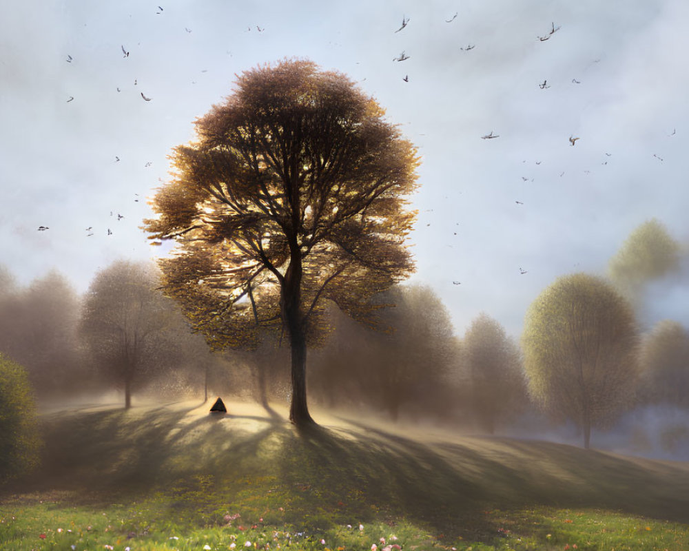 Golden lone tree in misty field with colorful flowers and flying birds