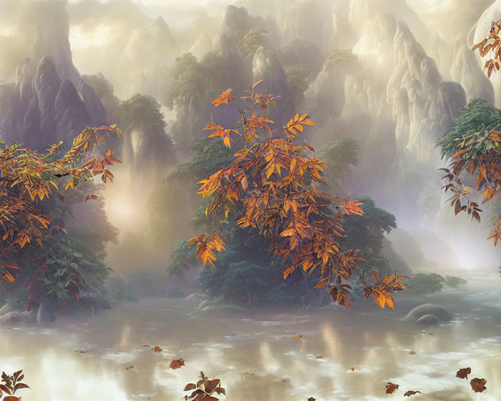 Autumn trees, serene water, foggy mountains in misty landscape