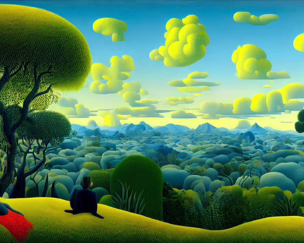 Surreal landscape with stylized trees and person sitting thoughtfully.