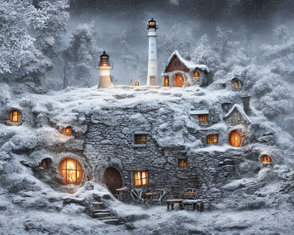 Snowy scene with stone house, glowing windows, lighthouse, and frost-covered trees.