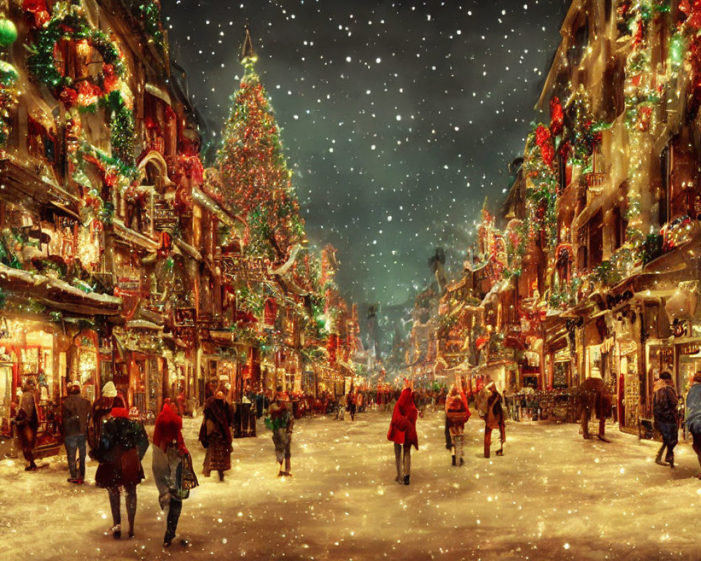 Festive holiday street scene with Christmas decorations and snowfall