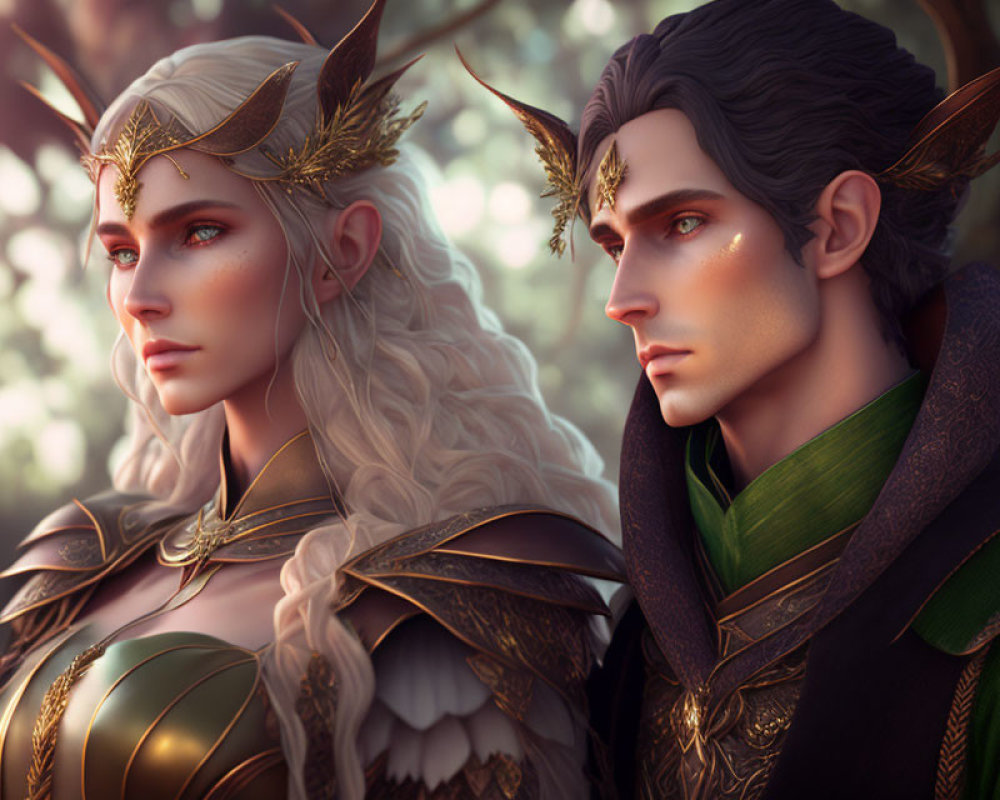 Regal elves in golden armor in mystical forest setting