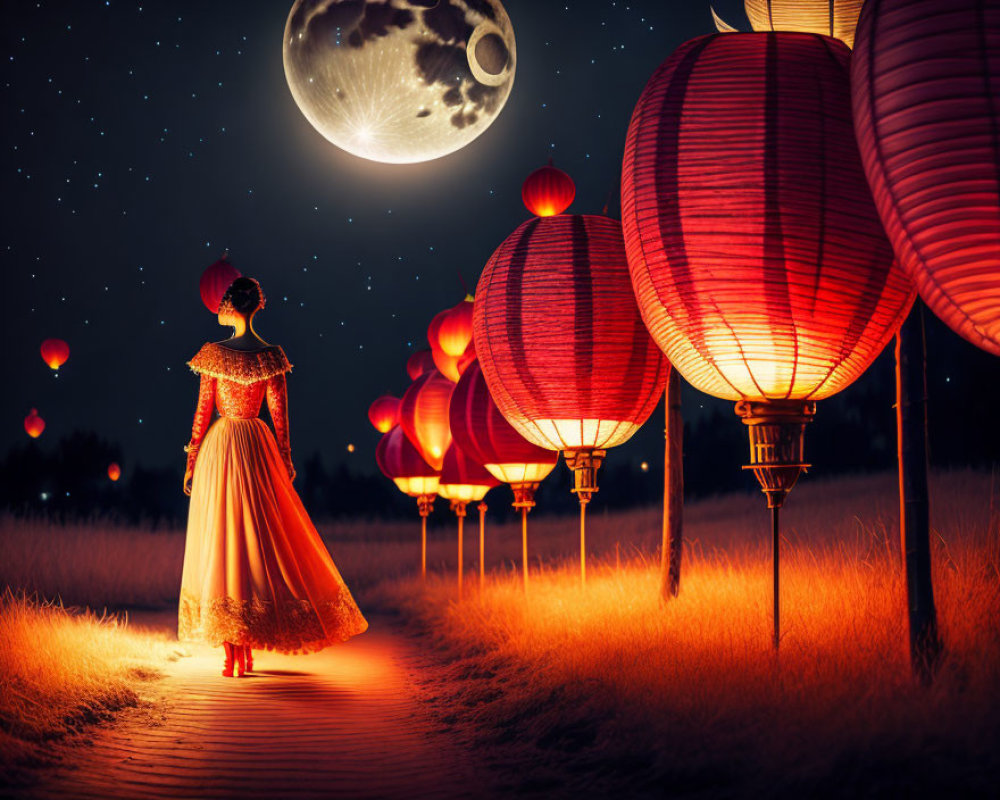 Person in elegant dress surrounded by red lanterns under night sky with large moon.