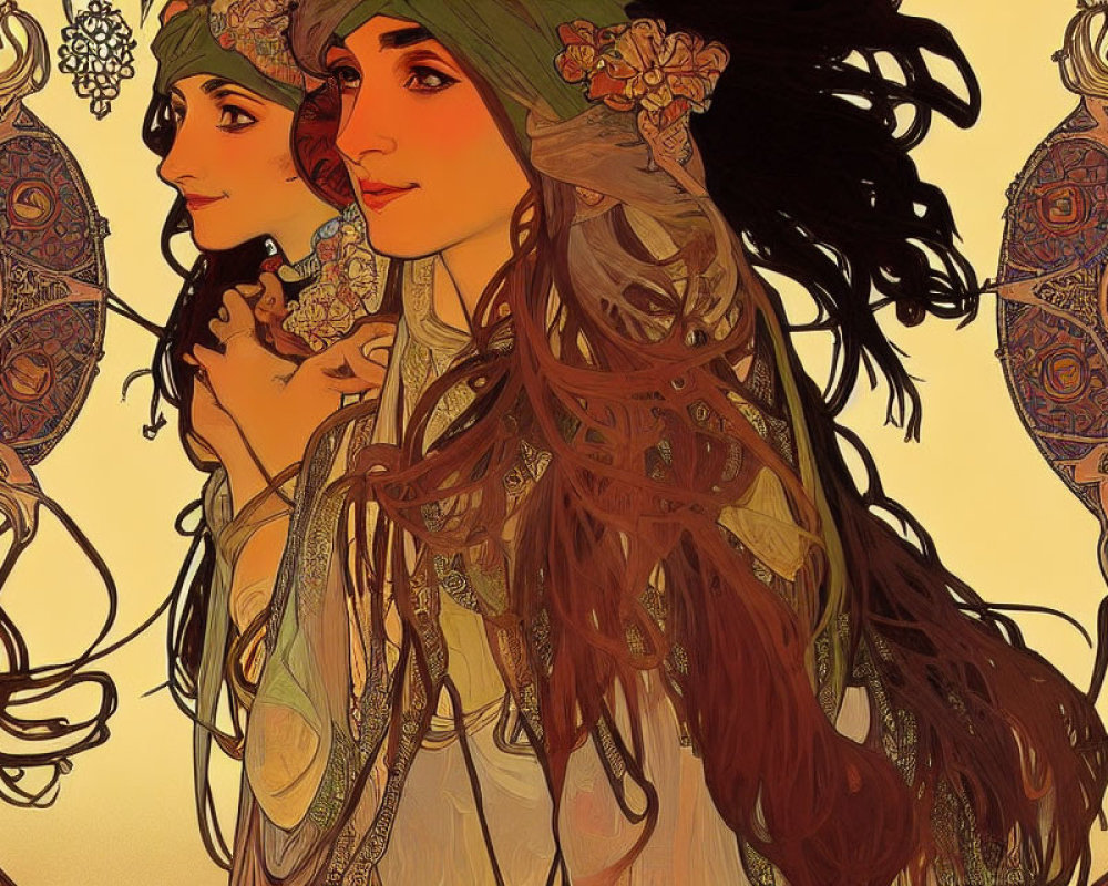 Art Nouveau Style Illustration of Two Women with Flowing Hair