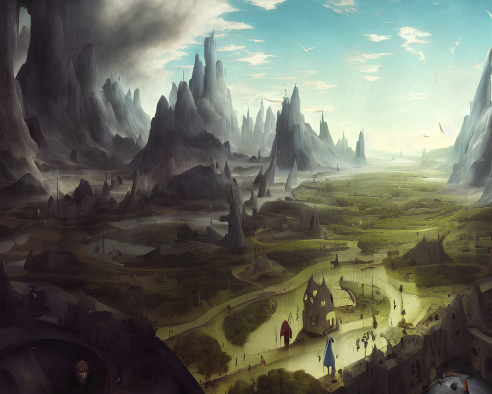 Fantasy landscape with towering spires, verdant plains, castle, mountains, and sky