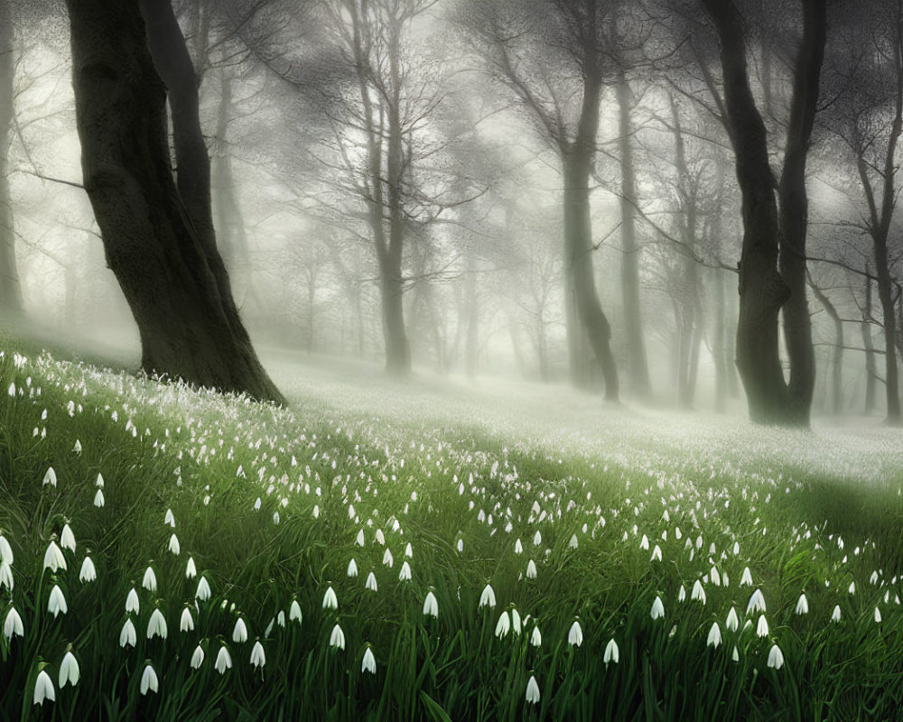 Tranquil forest scene with white wildflowers and misty ambiance