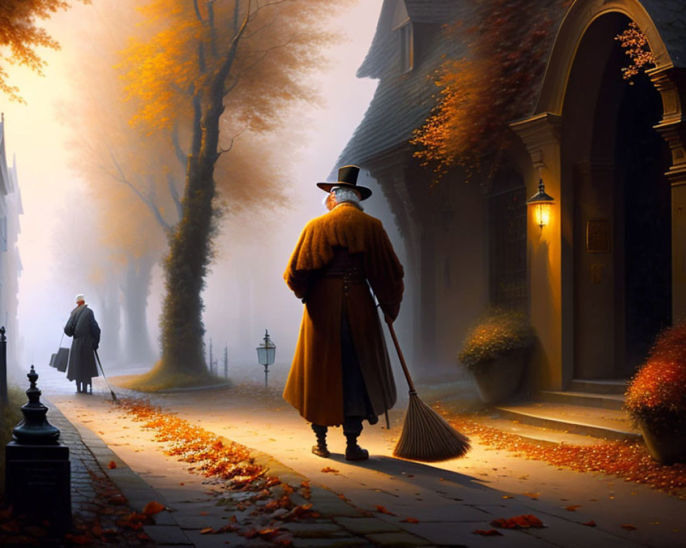 Person with broom on foggy autumn street with trees and distant figure