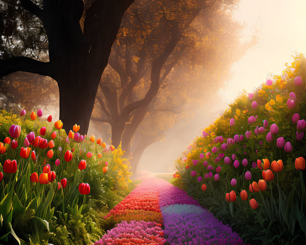 Tranquil garden pathway with vibrant tulips and sunlight filtering through trees