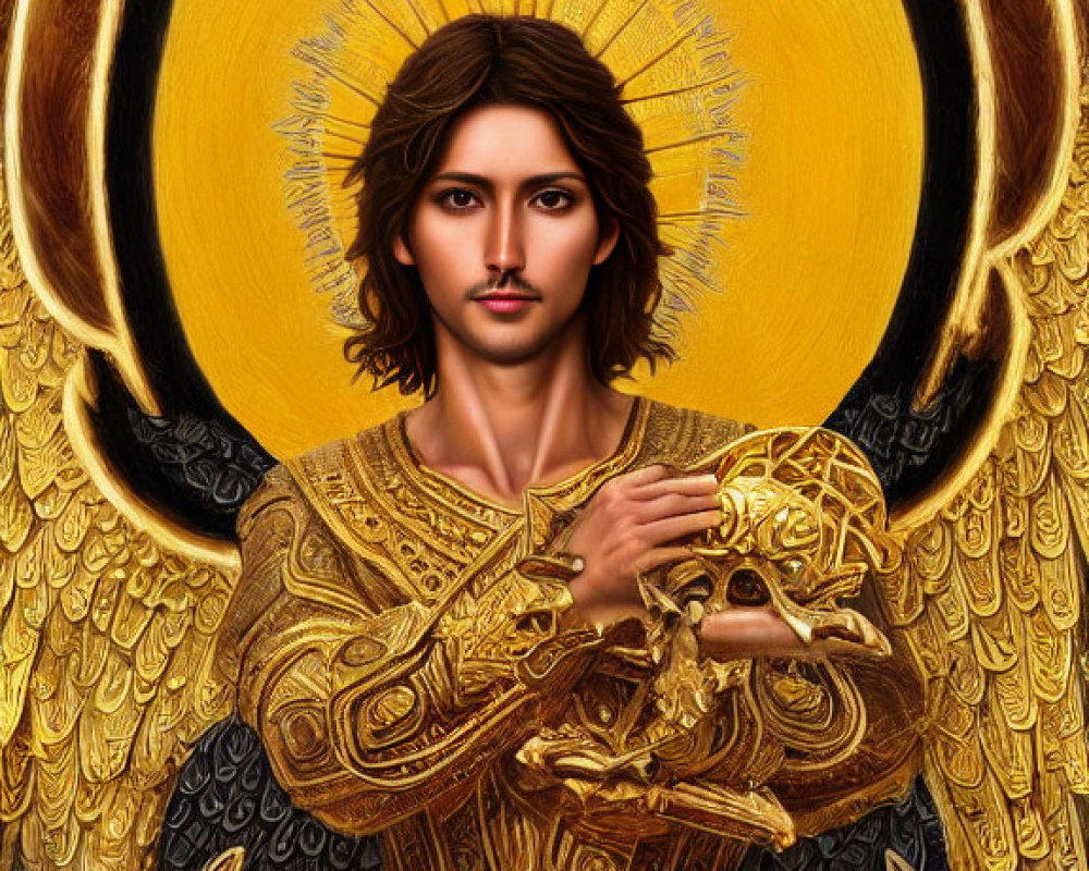 Figure with Angelic Wings in Golden Armor and Halo on Yellow Background