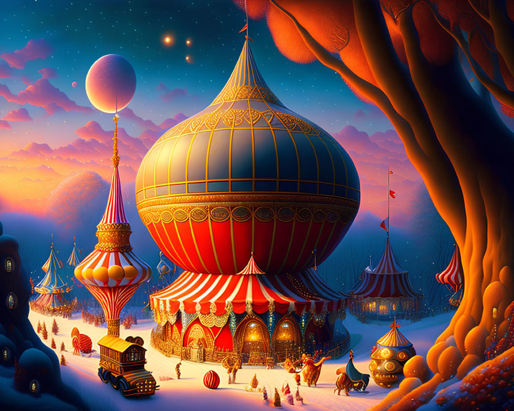 Fantastical winter circus scene with vibrant tents and hot air balloons