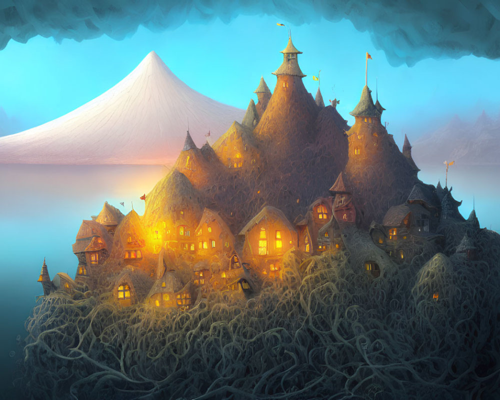 Enchanting village scene: illuminated houses on hill, forest, twilight sky, snow-capped mountain