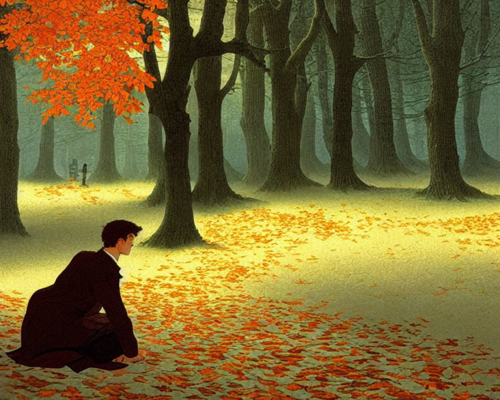 Person Contemplating Autumn Forest Scene