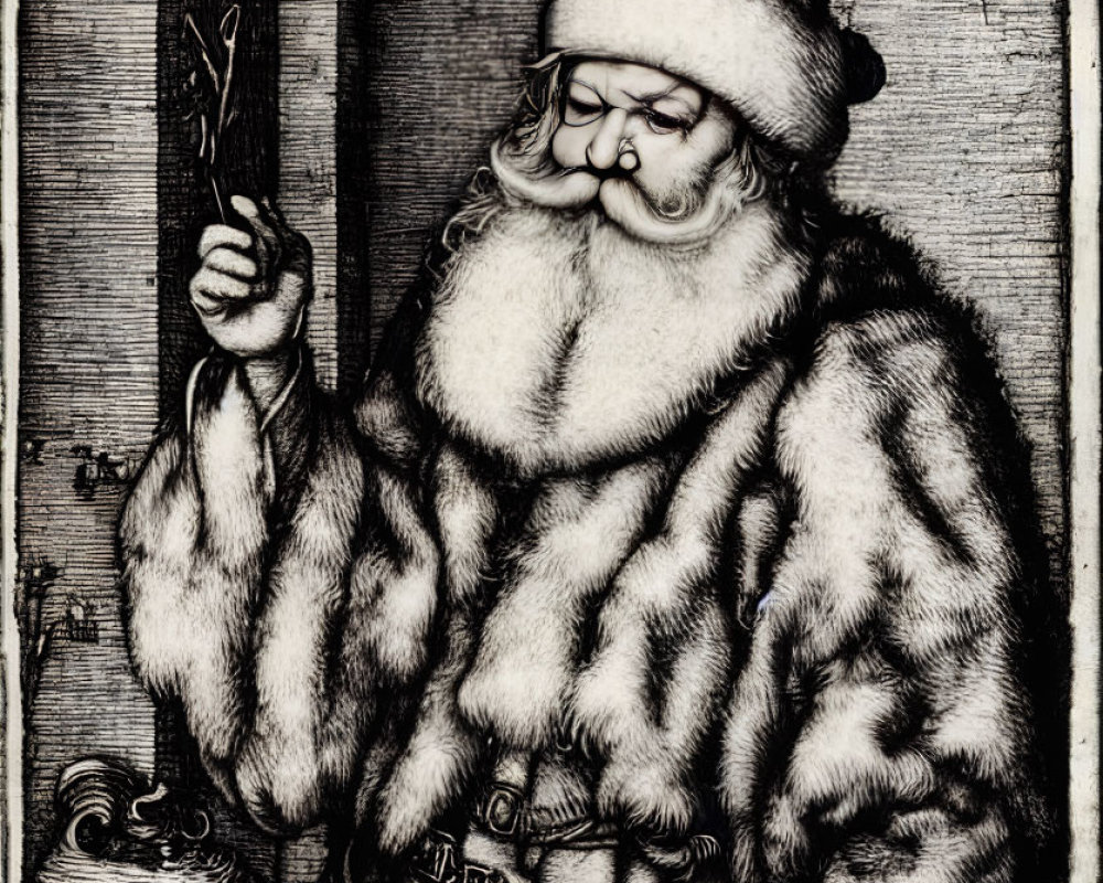 Detailed Santa Claus illustration with fur-lined coat and twig next to wooden door