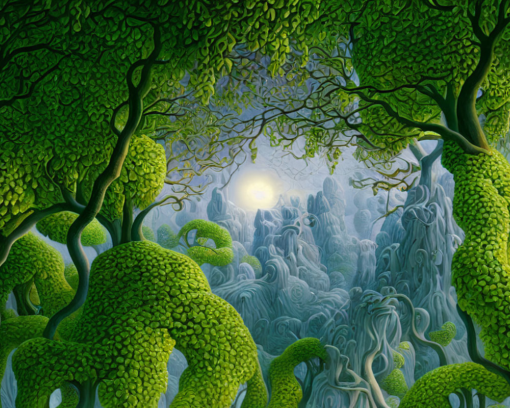 Vivid surreal forest landscape with stylized green trees and misty blue mountains