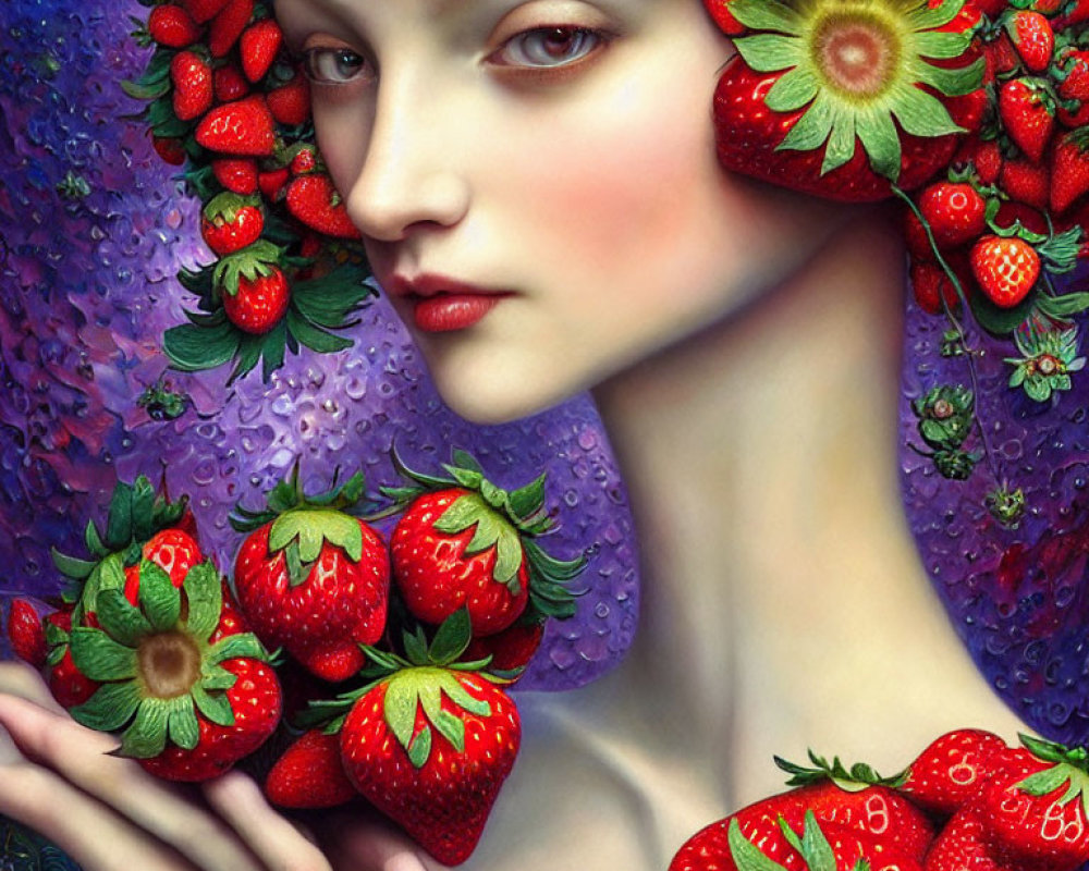 Portrait of Woman with Strawberries and Leaves on Purple Floral Background