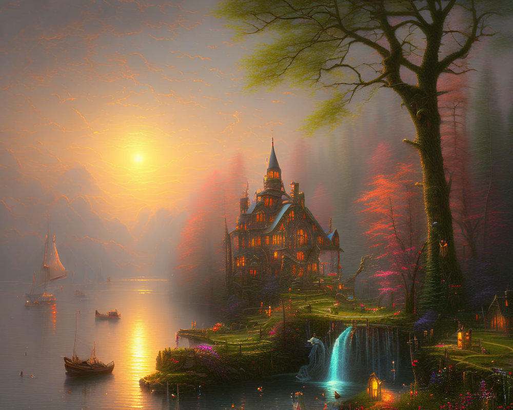 Grand illuminated house by lakeside with autumn trees, waterfall, boats, and warm sunset sky