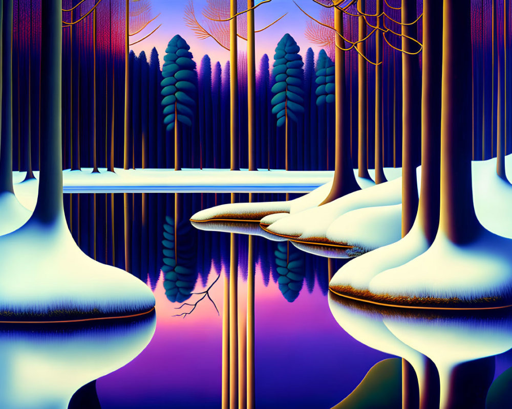 Snow-covered trees reflected in a purple lake under a twilight sky