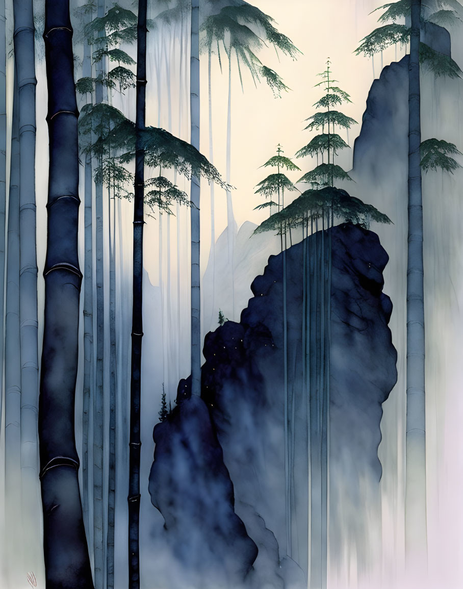 Ethereal painting of bamboo stalks and misty mountains in calm blue palette