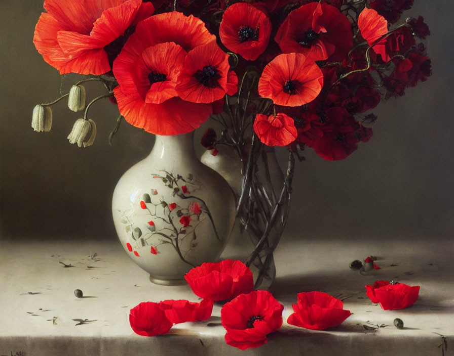 Vibrant red poppies in decorative vase with scattered petals and seeds