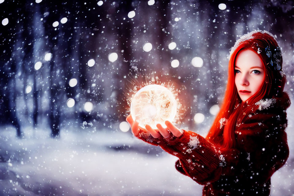 Red-haired woman in coat holds glowing orb in snowy forest